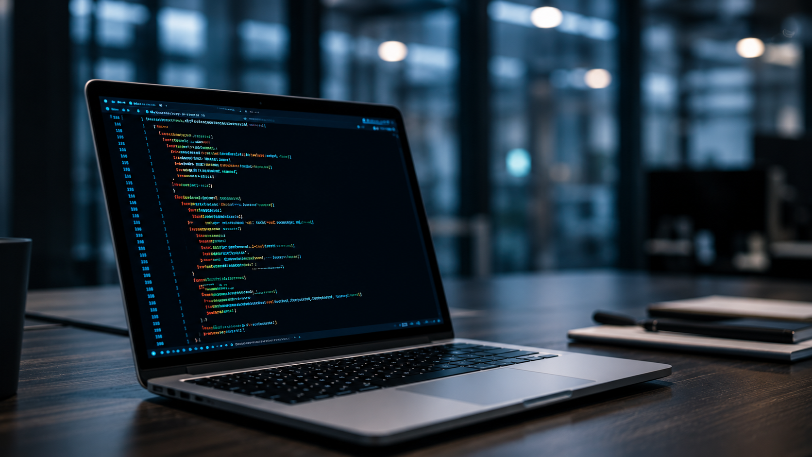 コードが表示されたノートパソコン